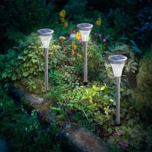 GWSOLAR ステンレスポール/ソーラーライト３個組 ホワイト色LED 夜間自動点灯・消灯/明るさ:１０ルーメン 【型番：GW-SS122/W】