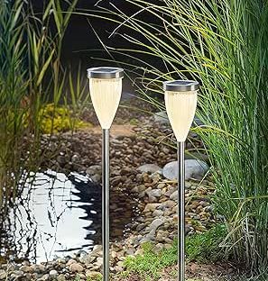 GWSOLAR ステンレスポールソーラー ライト２個組/ 高さ76 cm 明るさ１０ルーメン 電球色 夜間自動点灯・自動消灯 【型番：GW-SS124/WW(2P)】